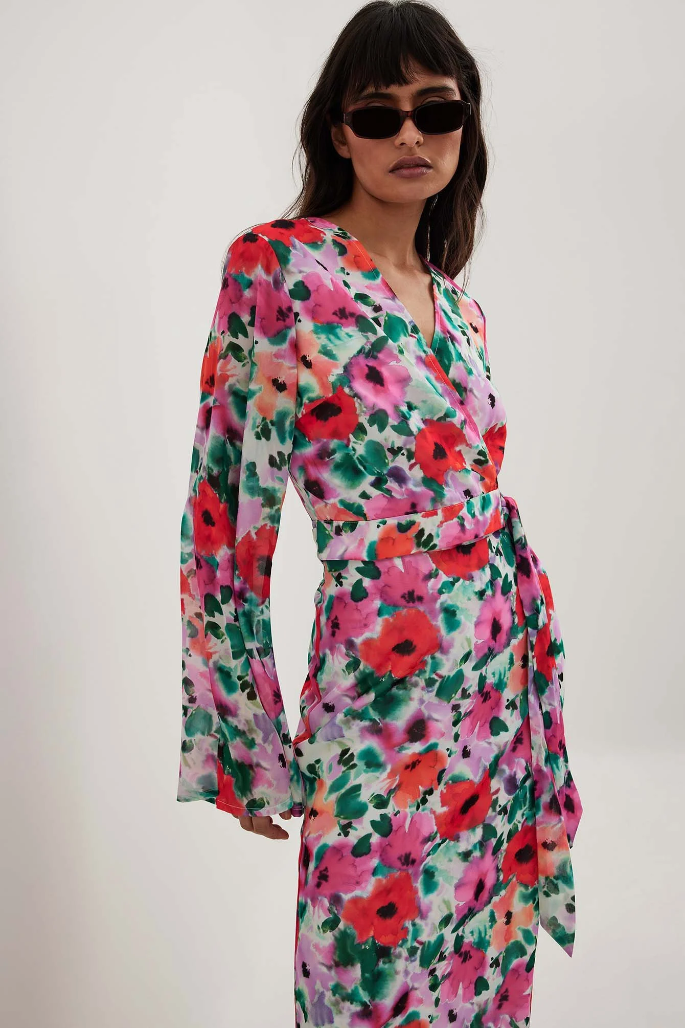Bedruckte Chiffonbluse mit Trompetenärmeln