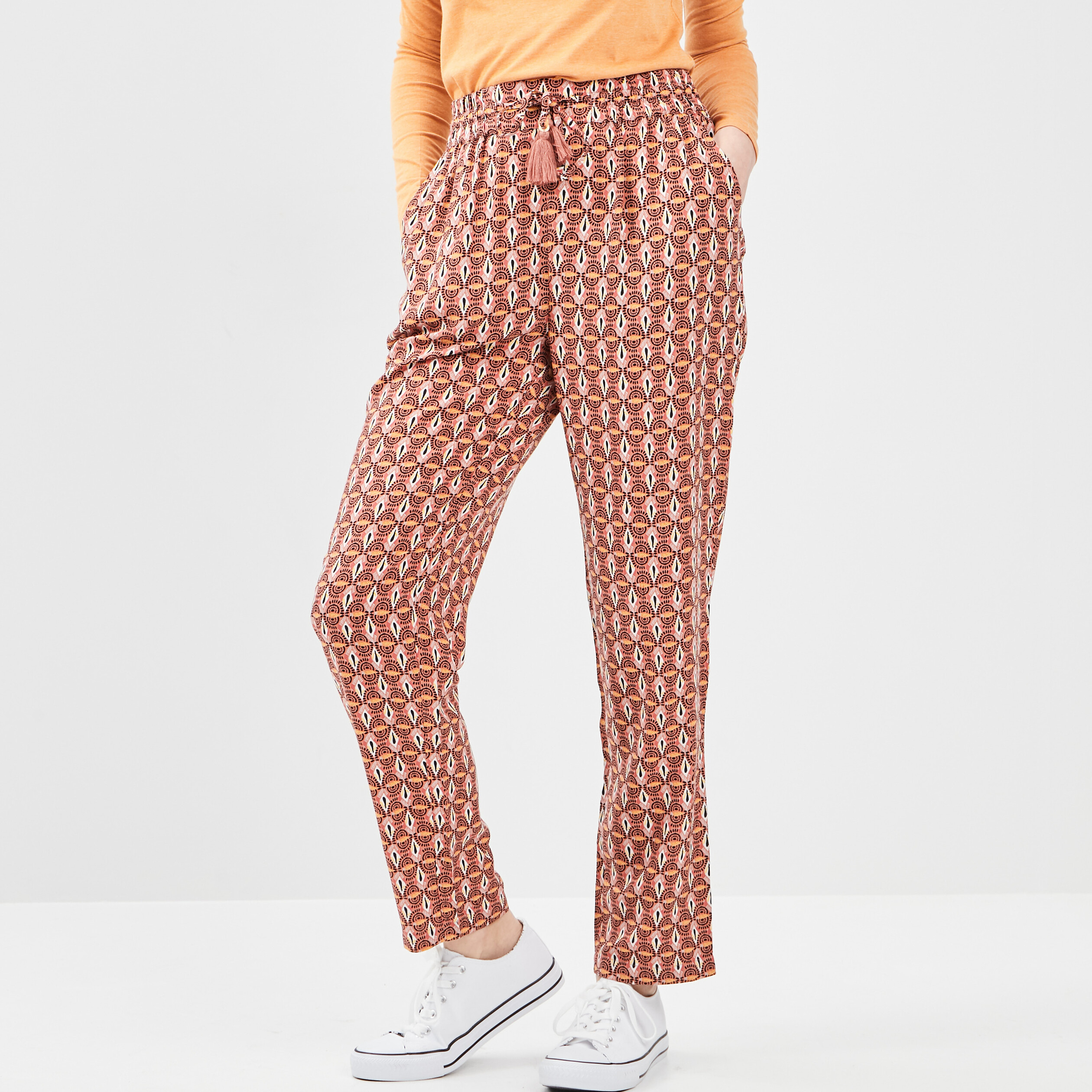Pantalon droit fluide à pampilles vieux rose femme | La Halle