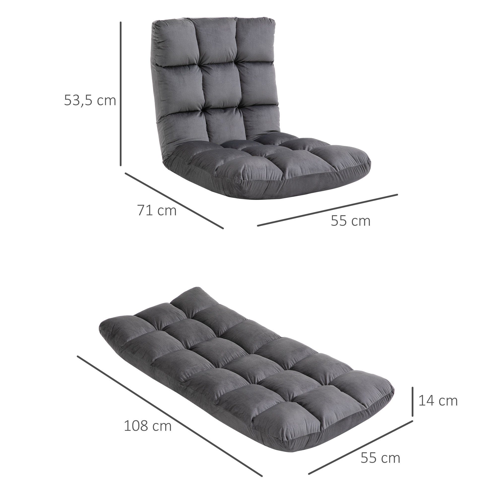 HOMCOM Sitzkissen Bodenstuhl 2-in-1 Klappbar Bodensessel mit Rückenlehne, Metall Schaumstoff Dunkelgrau 55 x 71 x 53,5 cm