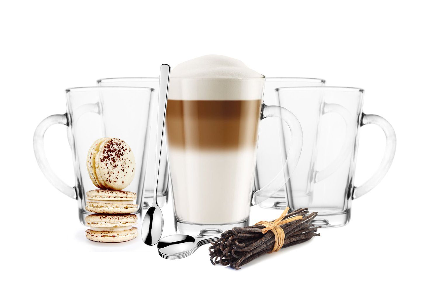 Sendez Latte-Macchiato-Glas 6 Latte Macchiato Gläser 300 ml mit Henkel und 6 Edelstahl-Löffel GRATIS, Glas