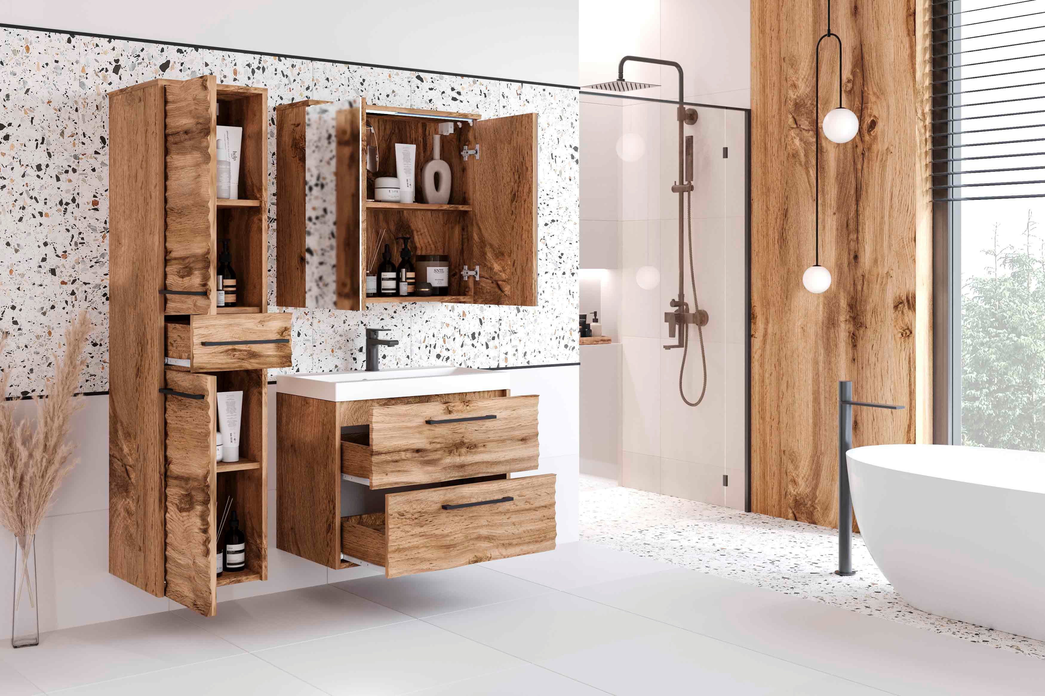 welltime Badmöbel-Set Canada, (Komplett-Set, 3-St., Fronten mit Wellenstruktur), Badmöbel mit Soft-Close, Spiegelschrank, Waschtisch mit Becken
