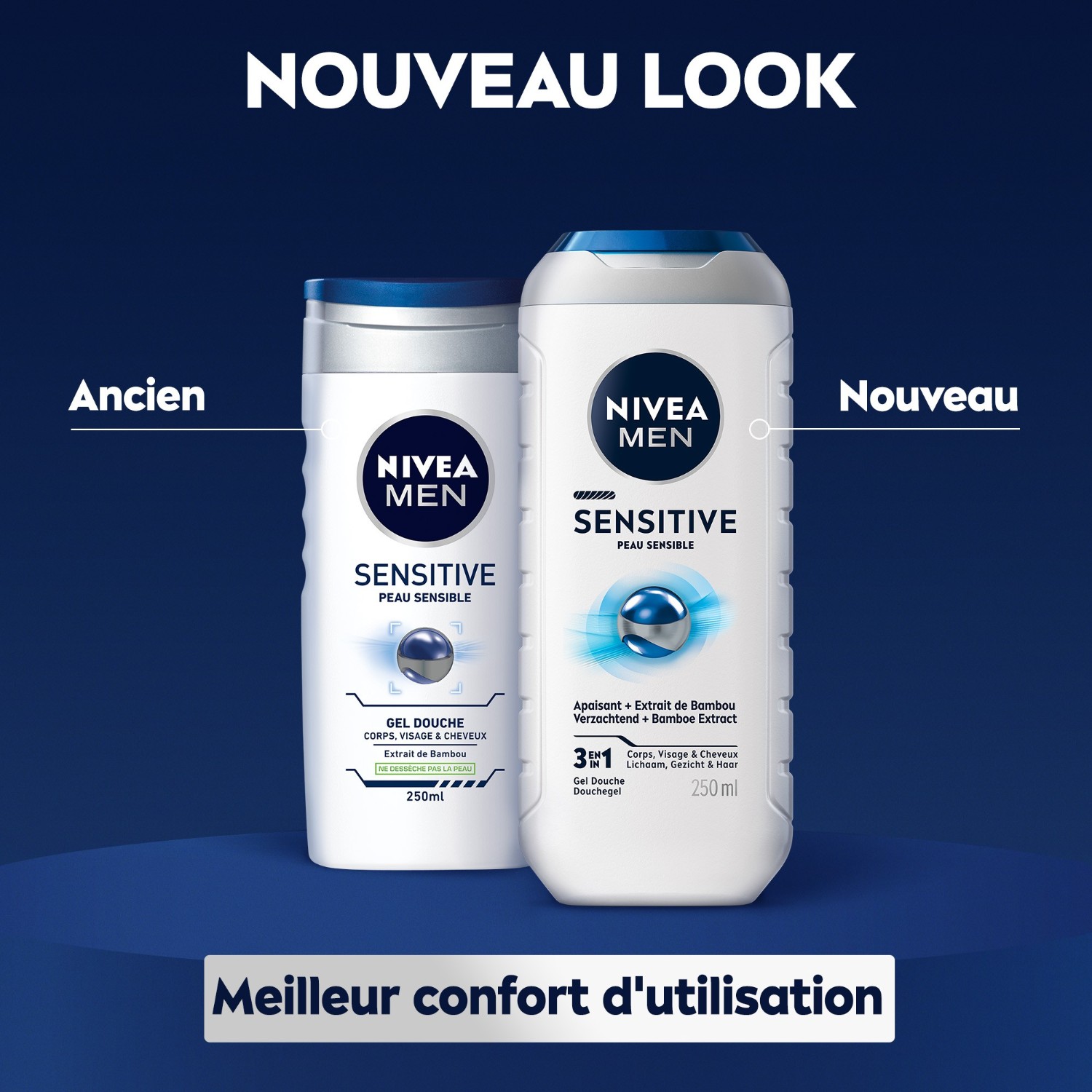 Gel de ducha 3 en 1 NIVEA para rostro, cuerpo y cabello con extracto de bambú para piel sensible.