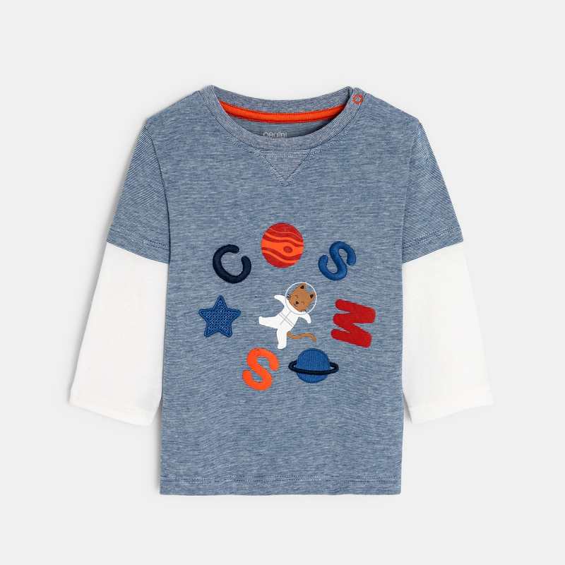 T-shirt effet 2 en 1 rayé chat astronaute bleu bébé garçon