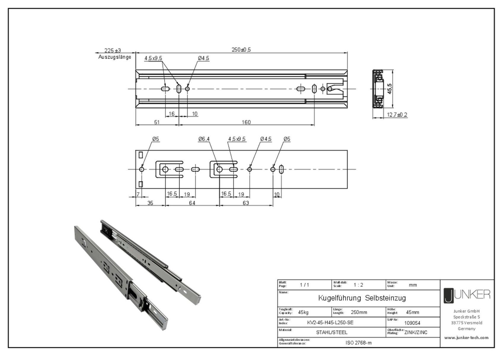 SO-TECH® Auszug (2 St), Vollauszug kugelgelagert 45 kg mit Selbsteinzug 250 - 700 mm KV2-45-H45-SE