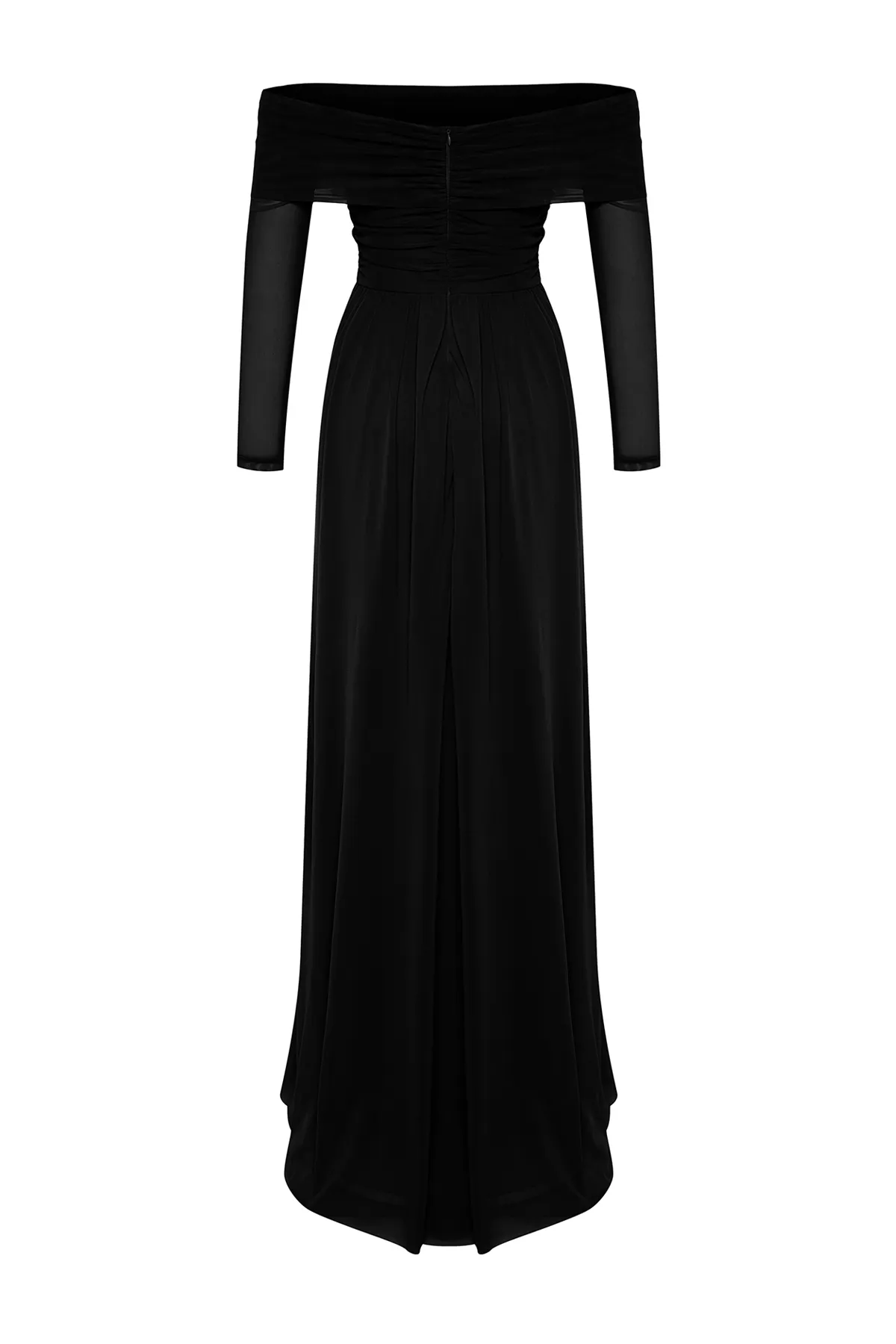 Trendyol Collection  Schwarzes langes Abendkleid aus Tüll mit Carmenkragen TPRSS24AE00068