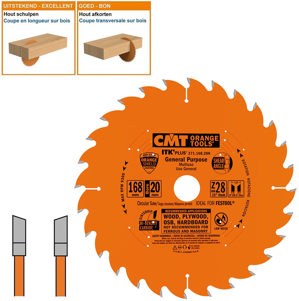 Lamă de ferăstrău pentru tăiere longitudinală și transversală CMT 271.168.28H ITK-Plus, lemn cu dinți din carbură 168 x 20 x 1,2 x 28T