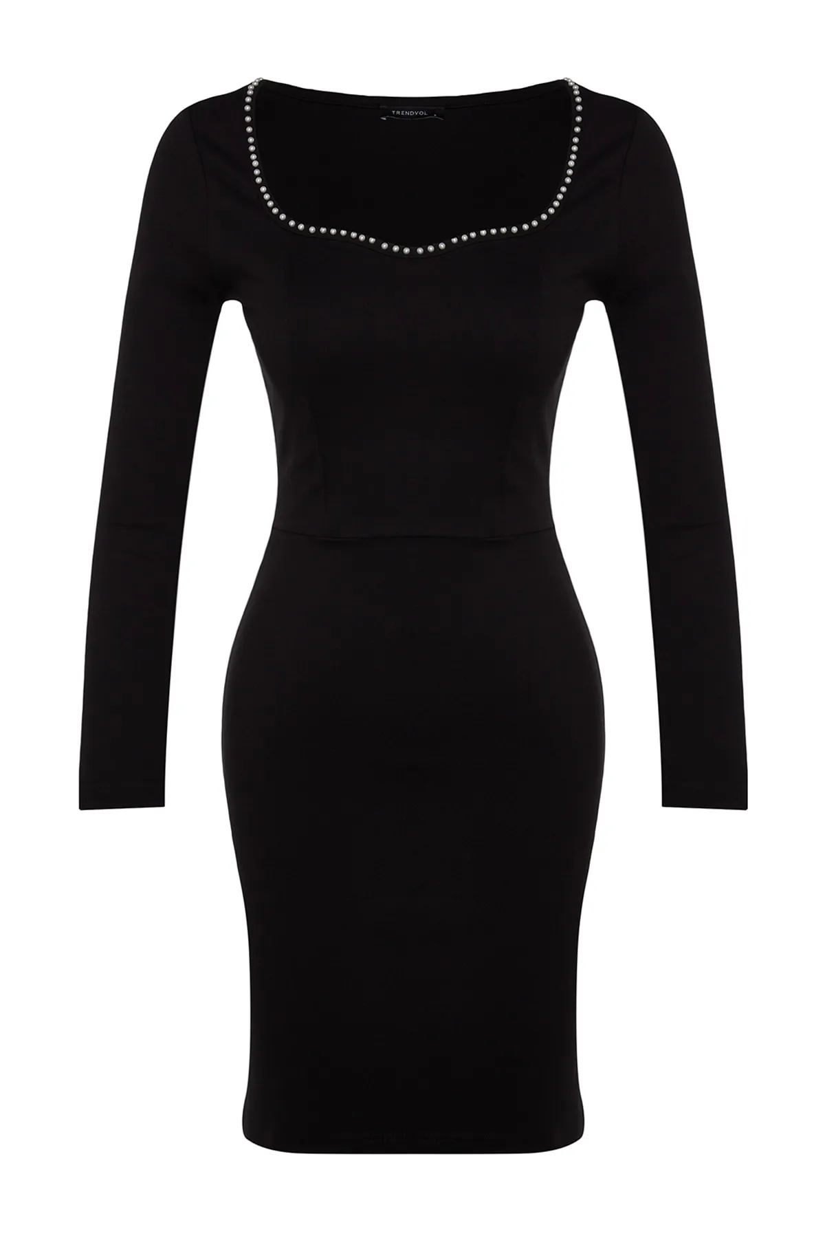 Trendyol Collection  Schwarzes Interlock-Mini-Strickkleid mit herzförmigem Ausschnitt und Perlendetails und detailliertem Schnitt TWOAW24EL00524
