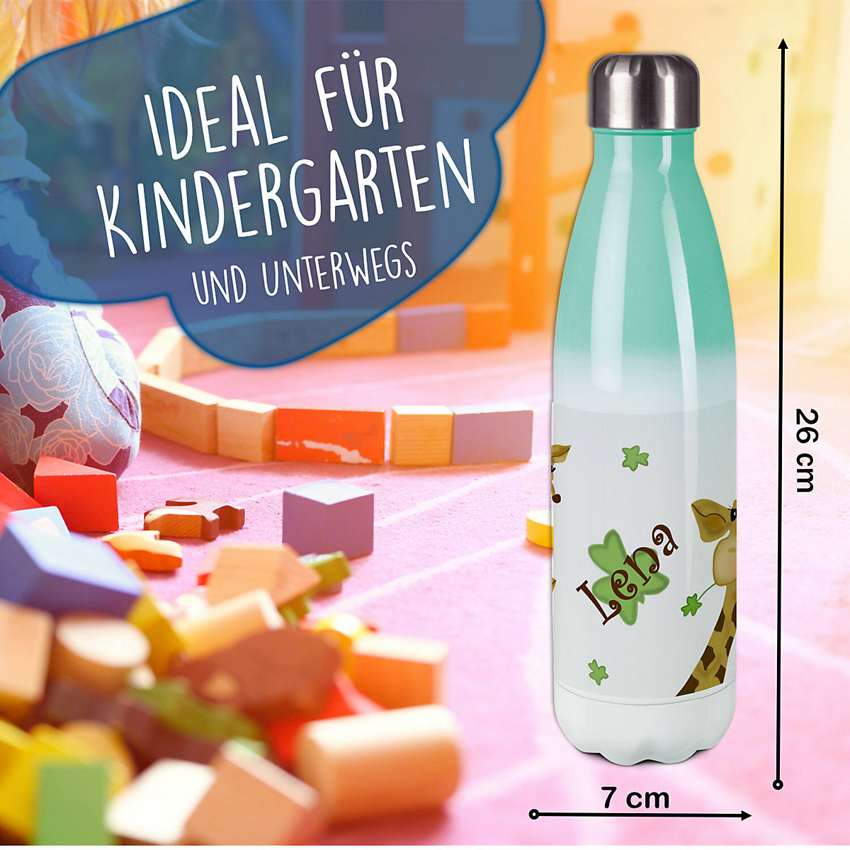 Edelstahl Kinder Thermoflasche / Trinkflasche bunt Giraffe Spülmaschinenfest, Auslaufsicher, Bruchfest, Doppelwandig, Für Heißgetränke geeignet, Mit Deckel, Isoliert