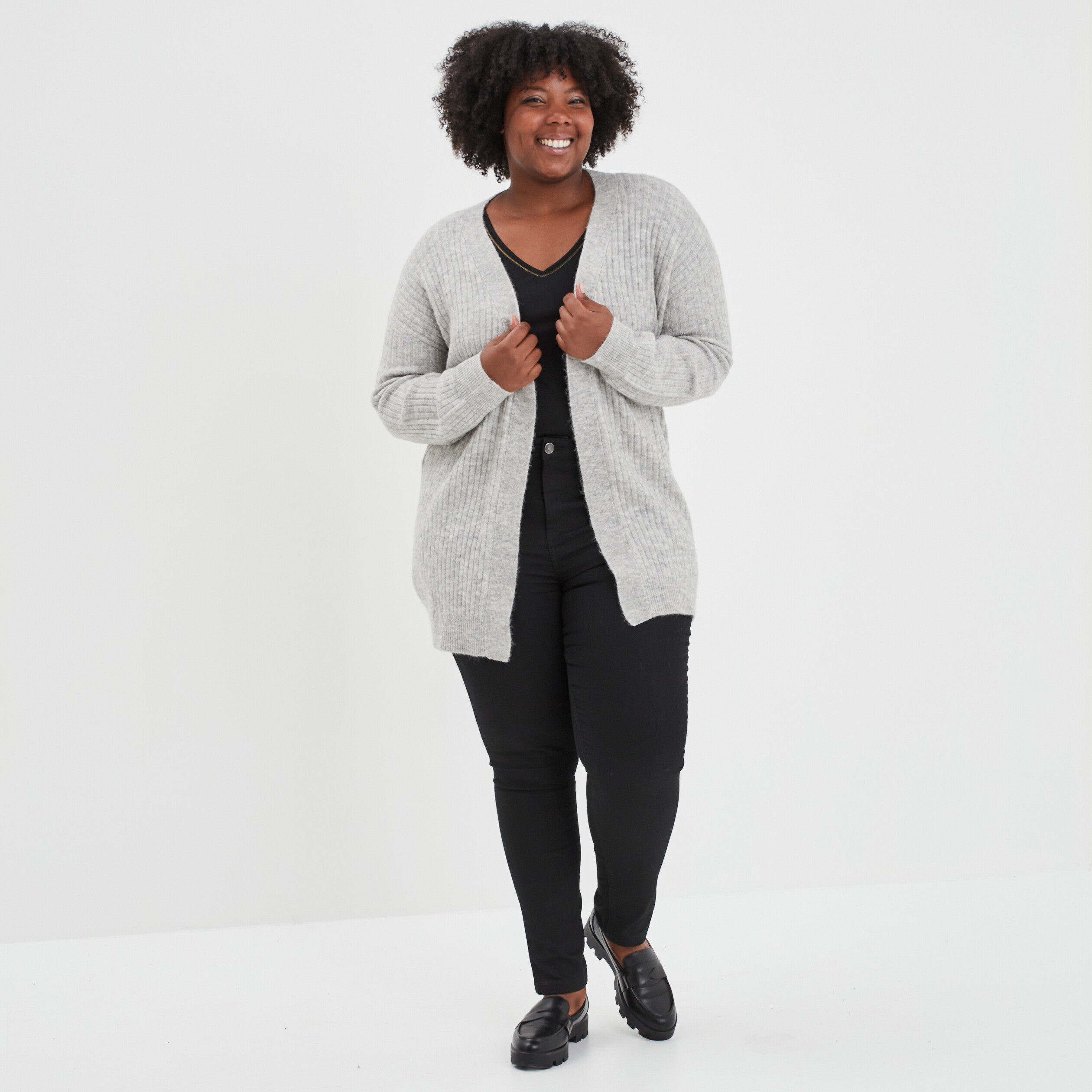Gilet long côtelé col châle gris femme grande taille | La Halle