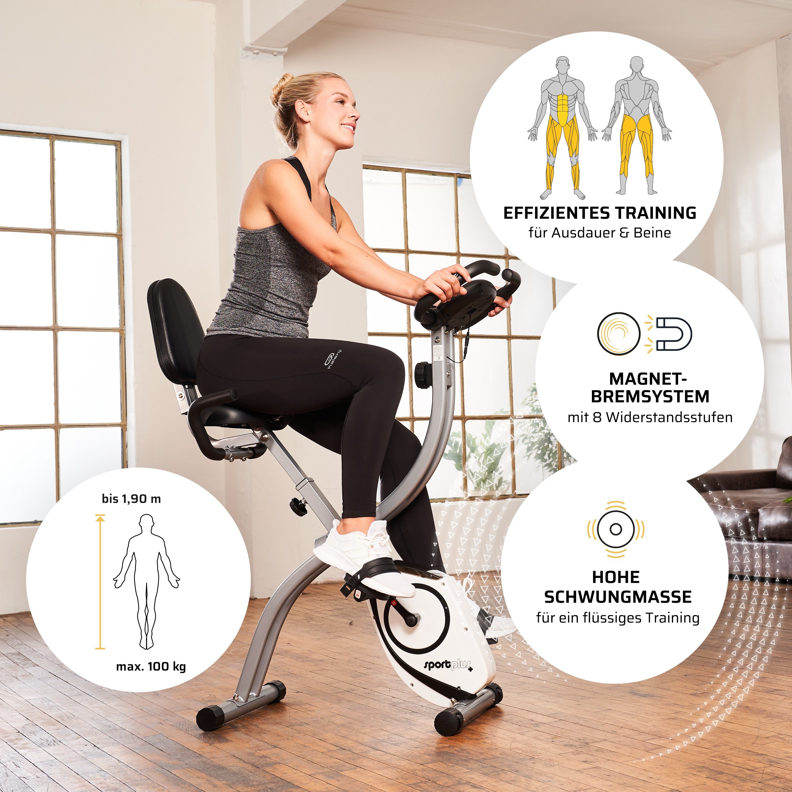 SportPlus Heimtrainer SP-HT-1003, Heimtrainer, klappbar für zuhause, Rückenlehne, SP-HT-1003