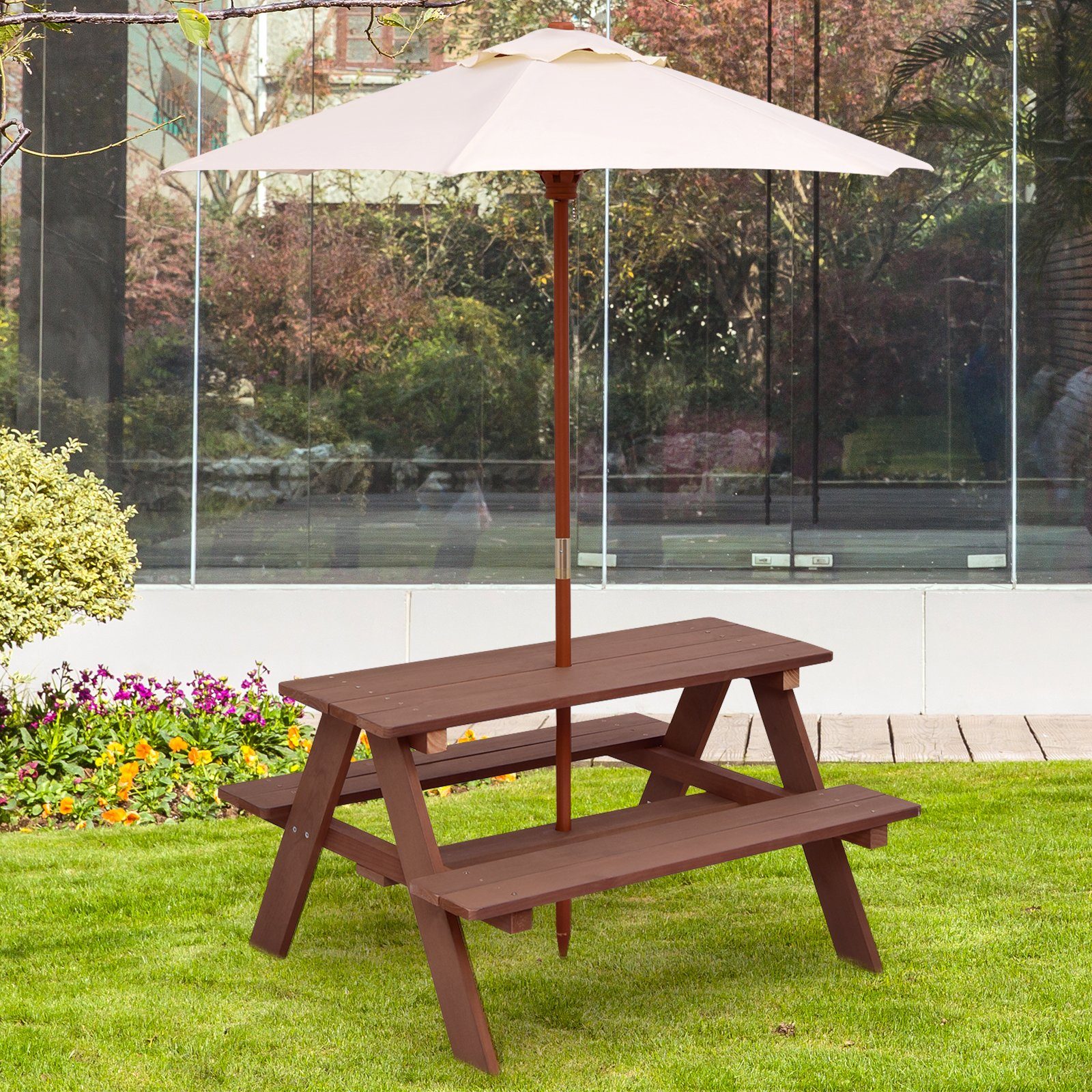 COSTWAY Garten-Kindersitzgruppe, mit abnehmbarem Sonnenschirm, 4 Sitze