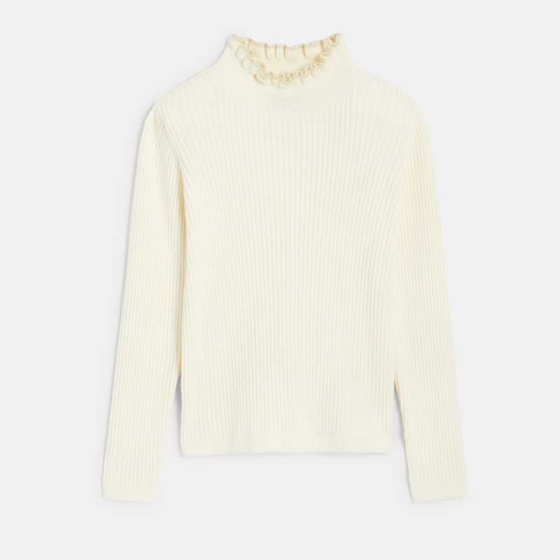 Pull côtelé col collerette blanc fille