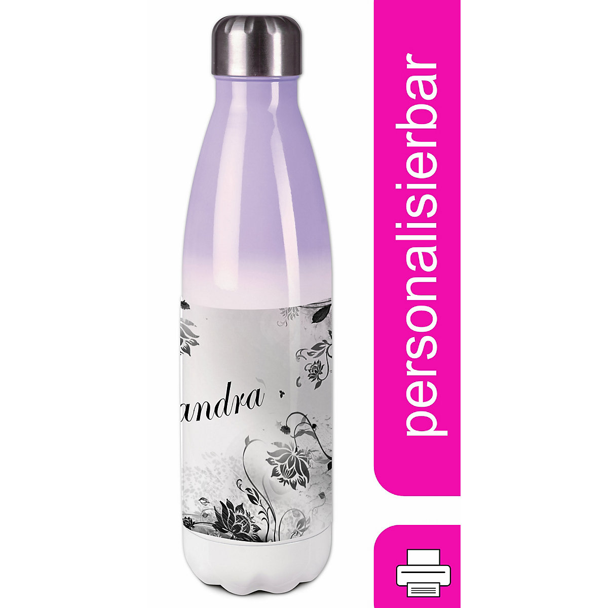 Edelstahl Kinder Thermoflasche / Trinkflasche bunt Blumenranke Farbe schwarz weiß Spülmaschinenfest, Auslaufsicher, Bruchfest, Doppelwandig, Für Heißgetränke geeignet, Mit Deckel, Isoliert