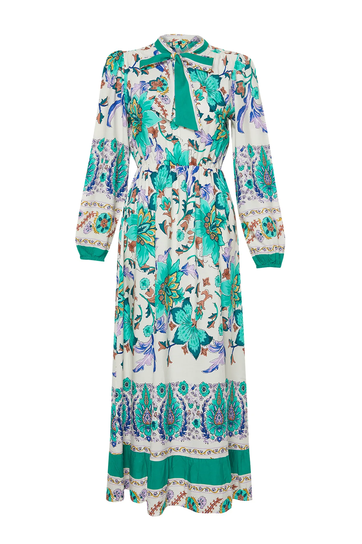 Trendyol Modest  Grünes Webkleid mit Blumenbordürenmuster TCTSS24EB00112