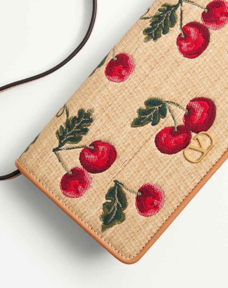 VLogo Signature Mini Raffia Jacquard Schoudertas met Kersenmotief