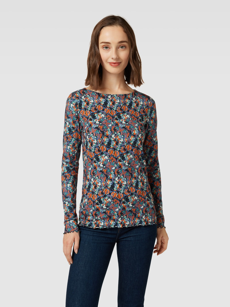 Longsleeve mit Wellensaum und Allover-Muster in marineblau