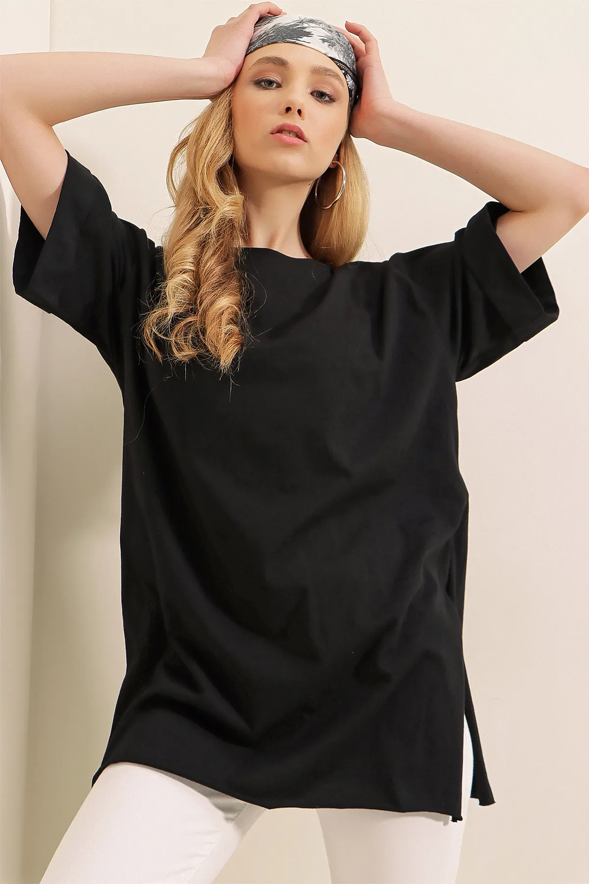 Bigdart  4123 Geschlitztes Oversize-T-Shirt – Schwarz
