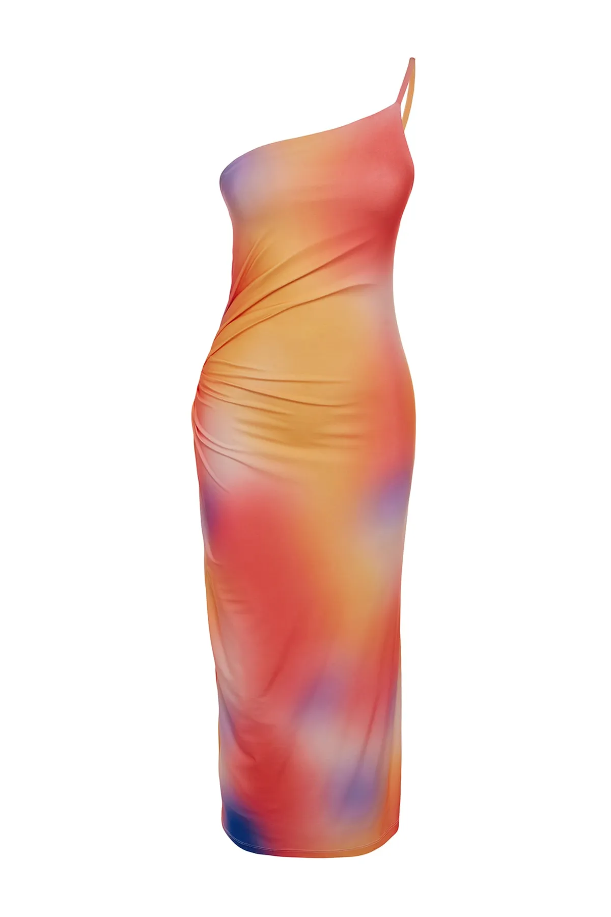 Trendyol Collection  Mehrfarbig bedrucktes, tailliertes Midi-Bleistiftkleid aus flexiblem Strick mit One-Shoulder-Träger TWOSS23EL01577