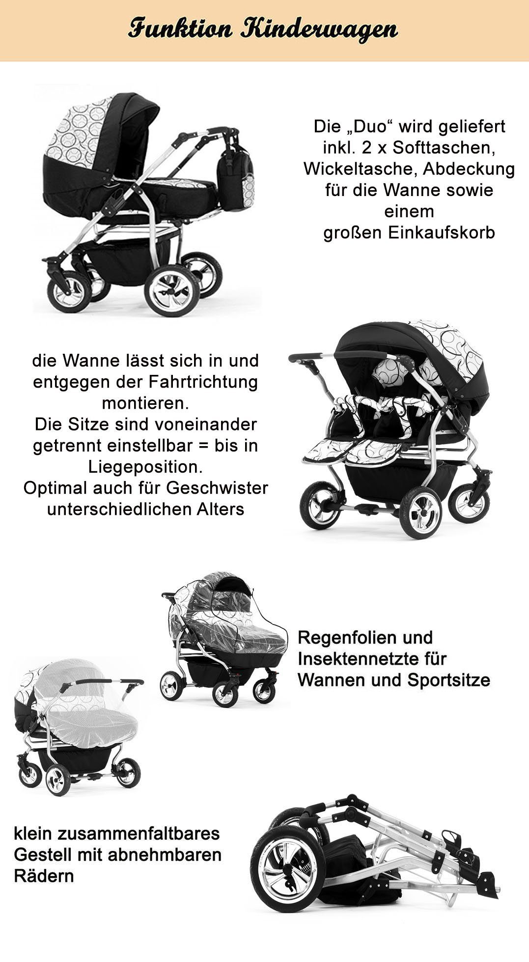 Elcar Zwillings-Kombikinderwagen Zwillingskinderwagen 3 in 1 Duo - 13 Teile - in 38 Farben