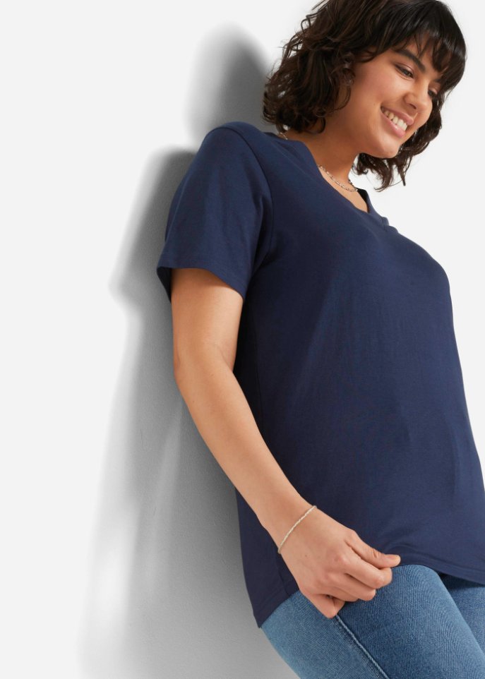 Weites Long-Shirt mit V-Ausschnitt, Kurzarm (5er Pack)