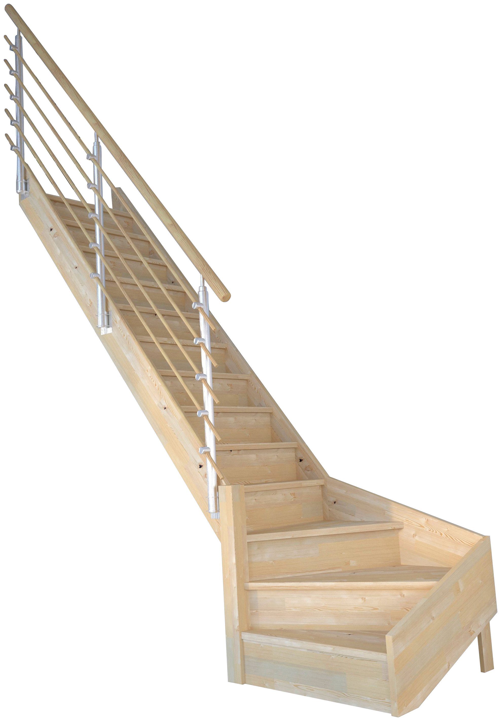 Starwood Raumspartreppe Massivholz Korfu, Design-Geländer Holzrundstäbe, für Geschosshöhen bis 300 cm, Stufen geschlossen, gewendelt Links, Durchgehende Wangenteile