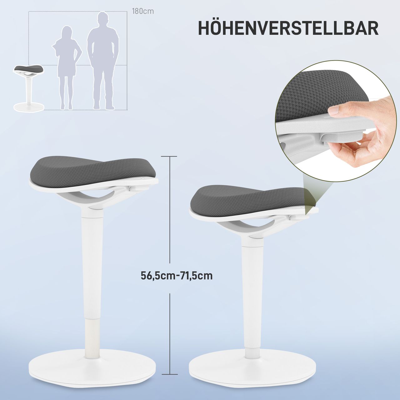 HOMCOM Sitzhocker ergonomischer Bürohocker, 56,5-71,5 cm höhenverstellbar, Grau