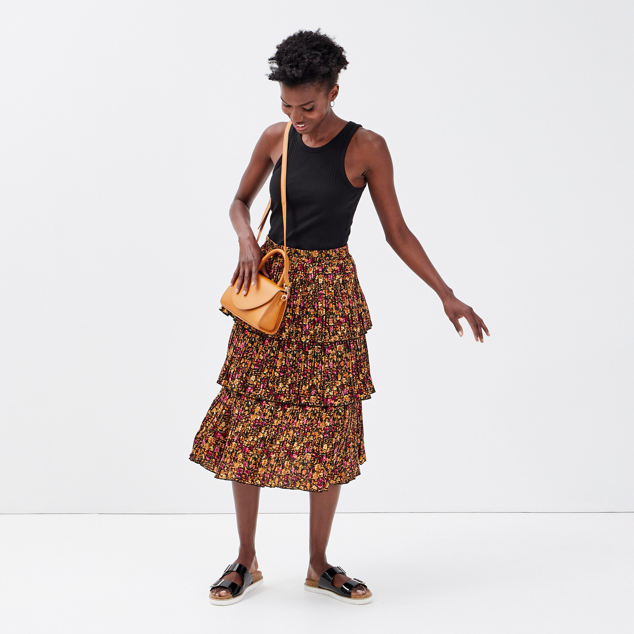 Jupe midi évasée à volants noir femme | Cache Cache