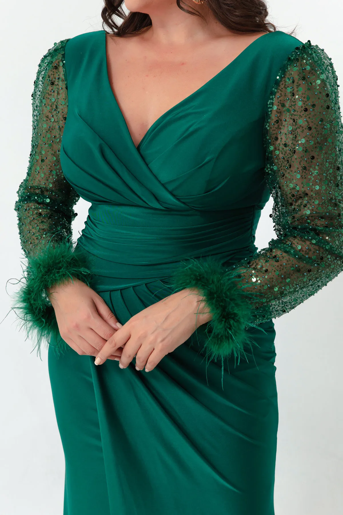 Lafaba  Smaragdgrünes Damen-Abendkleid mit V-Ausschnitt und Steinschlitzen in Übergröße