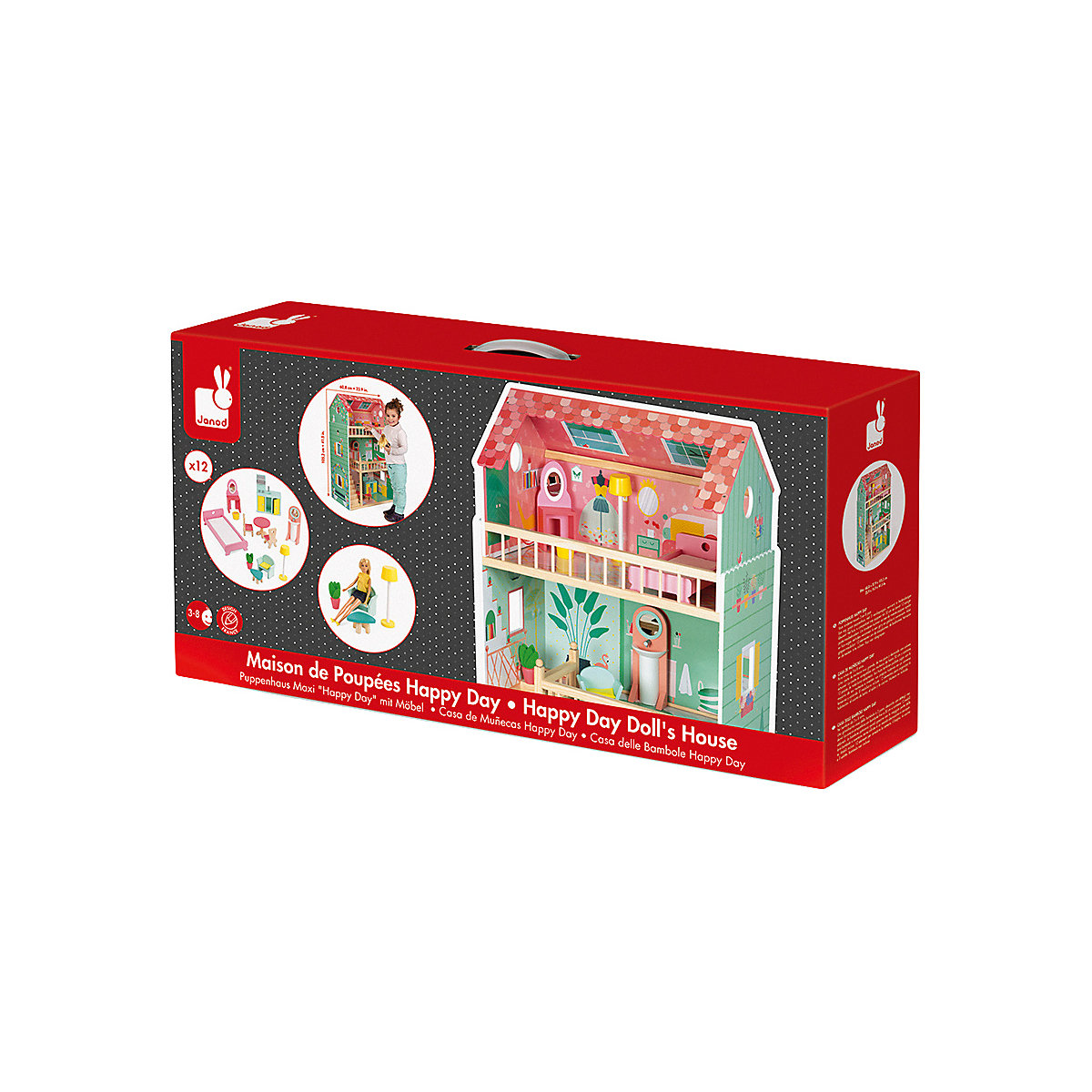 - Happy Day Holz-Puppenhaus, 3 Etagen und mit 12 Zubehörteilen, Spielzeugnachbildung, entwickelt die Fantasie, ab 3 Jahren, J06580