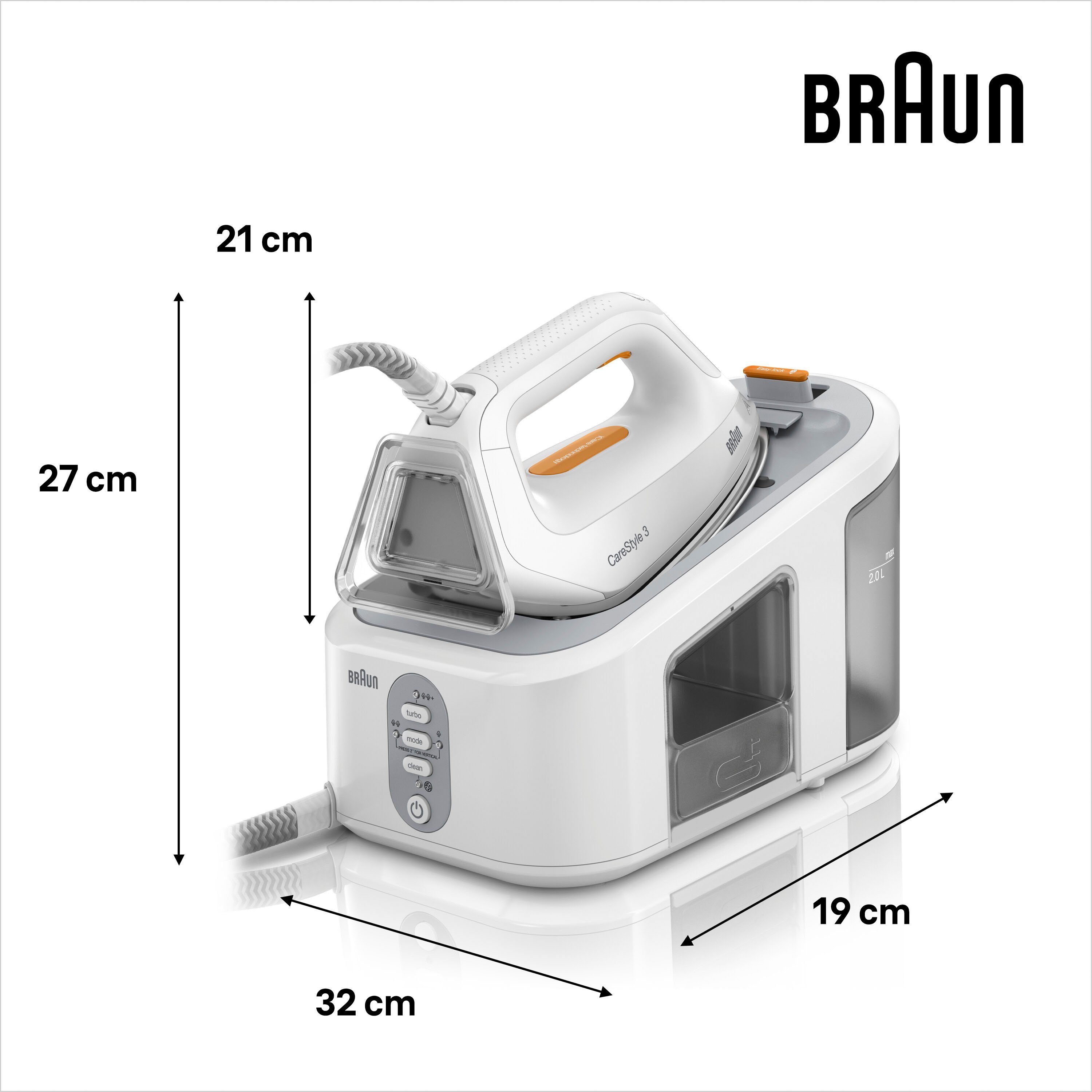 Braun Dampfbügelstation CareStyle 3 IS3132WH, 2000 ml Wassertank, weiß, max. Dampfmenge 400g/min, Rückwärtsbügeln über Knöpfe