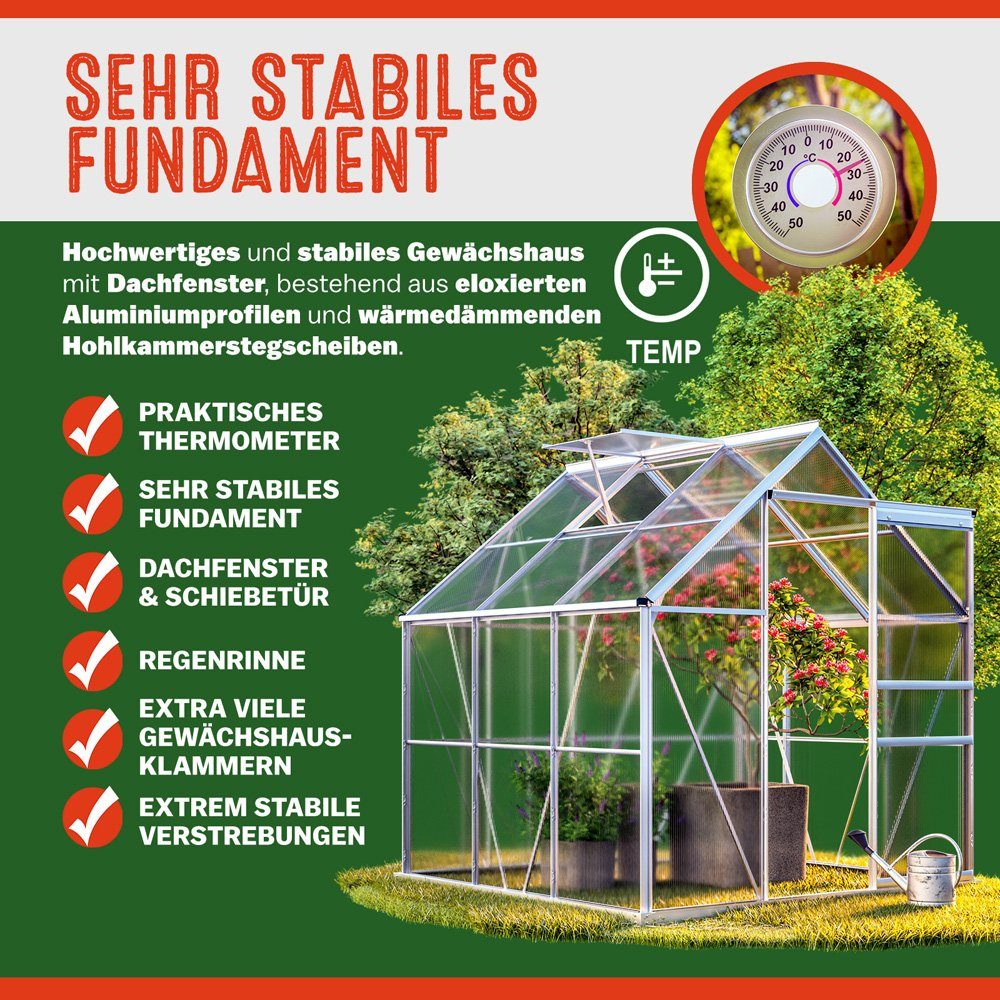 Gardebruk Gewächshaus, Aluminium 3,6m² mit Fundament 190x190cm inkl. Dachfenster Treibhaus