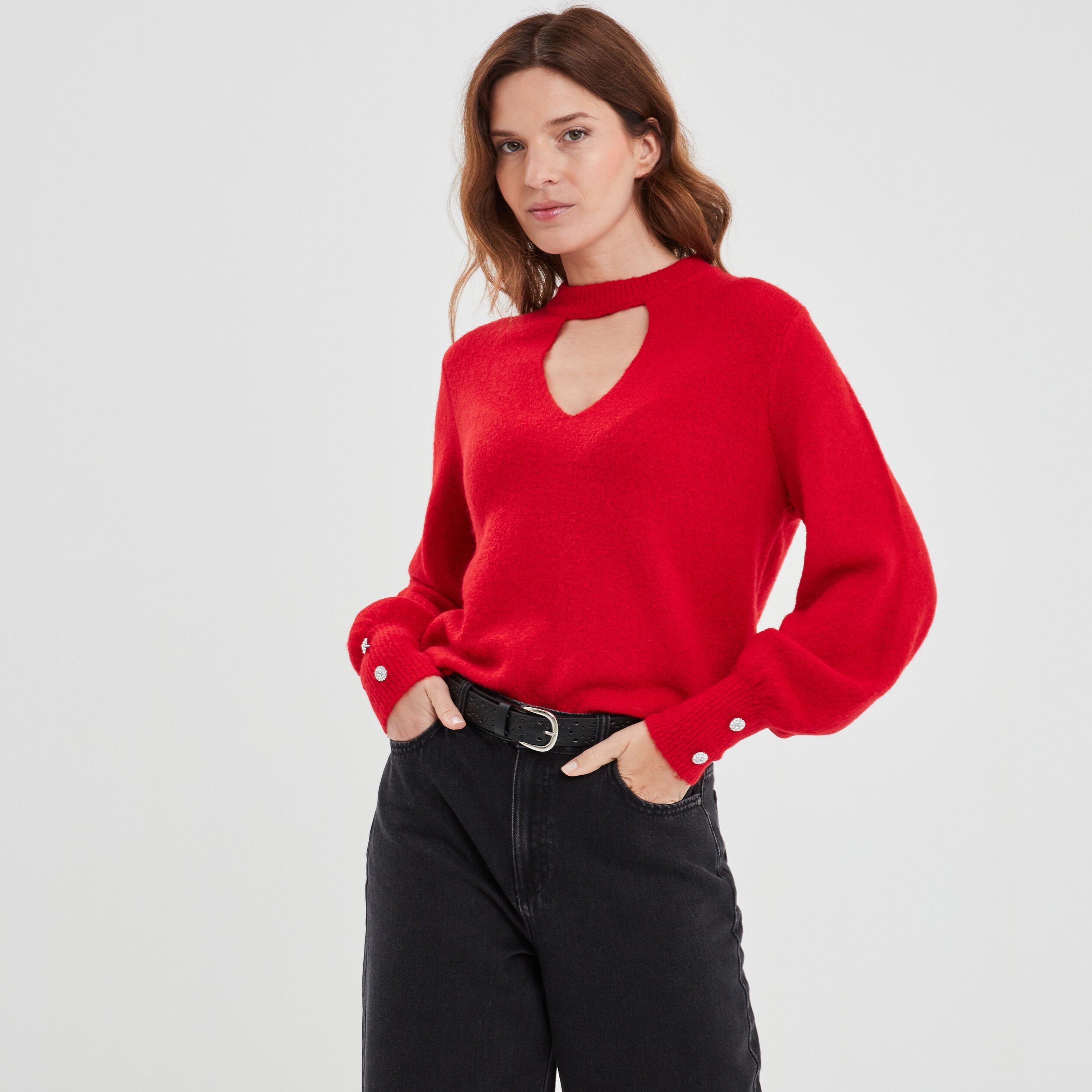 Pull col montant avec ouverture rouge fluo femme | La Halle