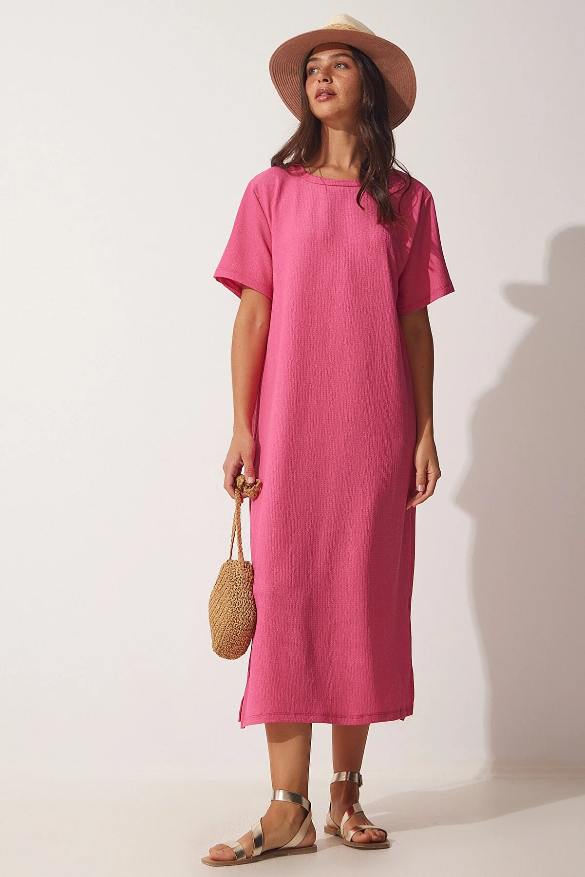 Happiness İstanbul  Rosafarbenes, lockeres, langes, tägliches Sommer-Strickkleid für Damen DZ00076