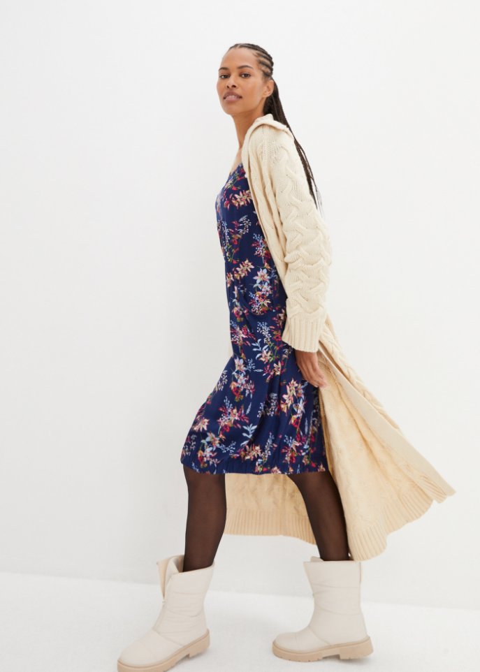 Viskose-Web-Kleid mit Taschen in O-Form, kniebedeckend