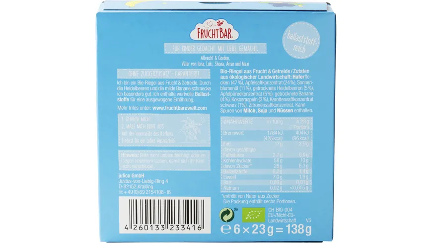 FRUCHTBAR Riegel Heidelbeere Banane Hafer 138 g