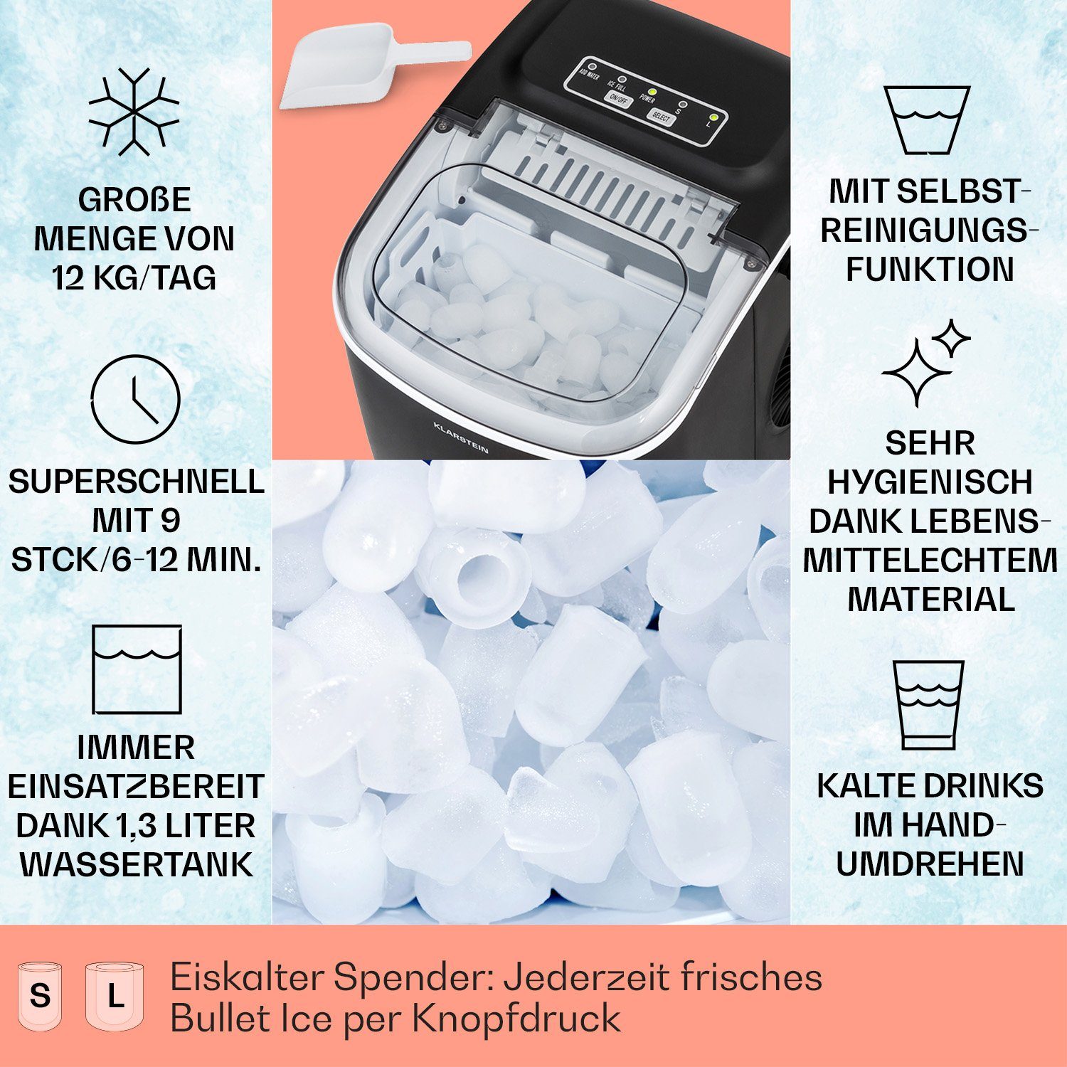 Klarstein Eiswürfelmaschine Caldwell, Elektrischer Eiswürfelbereiter Bulleteis 12kg/24h Wassertank 1,3 L