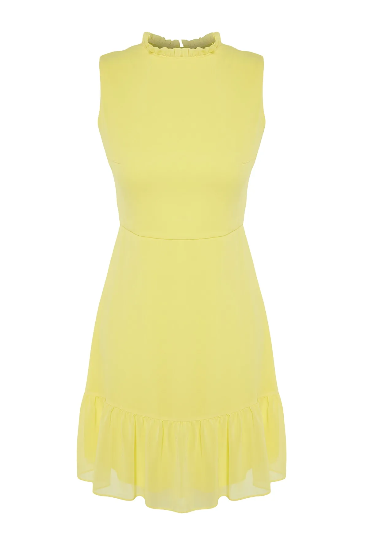 Trendyol Collection  Gelber gewebter Minirock mit hohem Kragen, gewebtes Kleid mit Rüschen TWOSS20EL0237