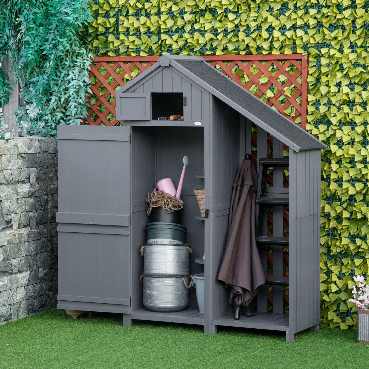 Outsunny Gartenschrank Holz Geräteschuppen Geräteschrank Tannenholz Grau Schwarz