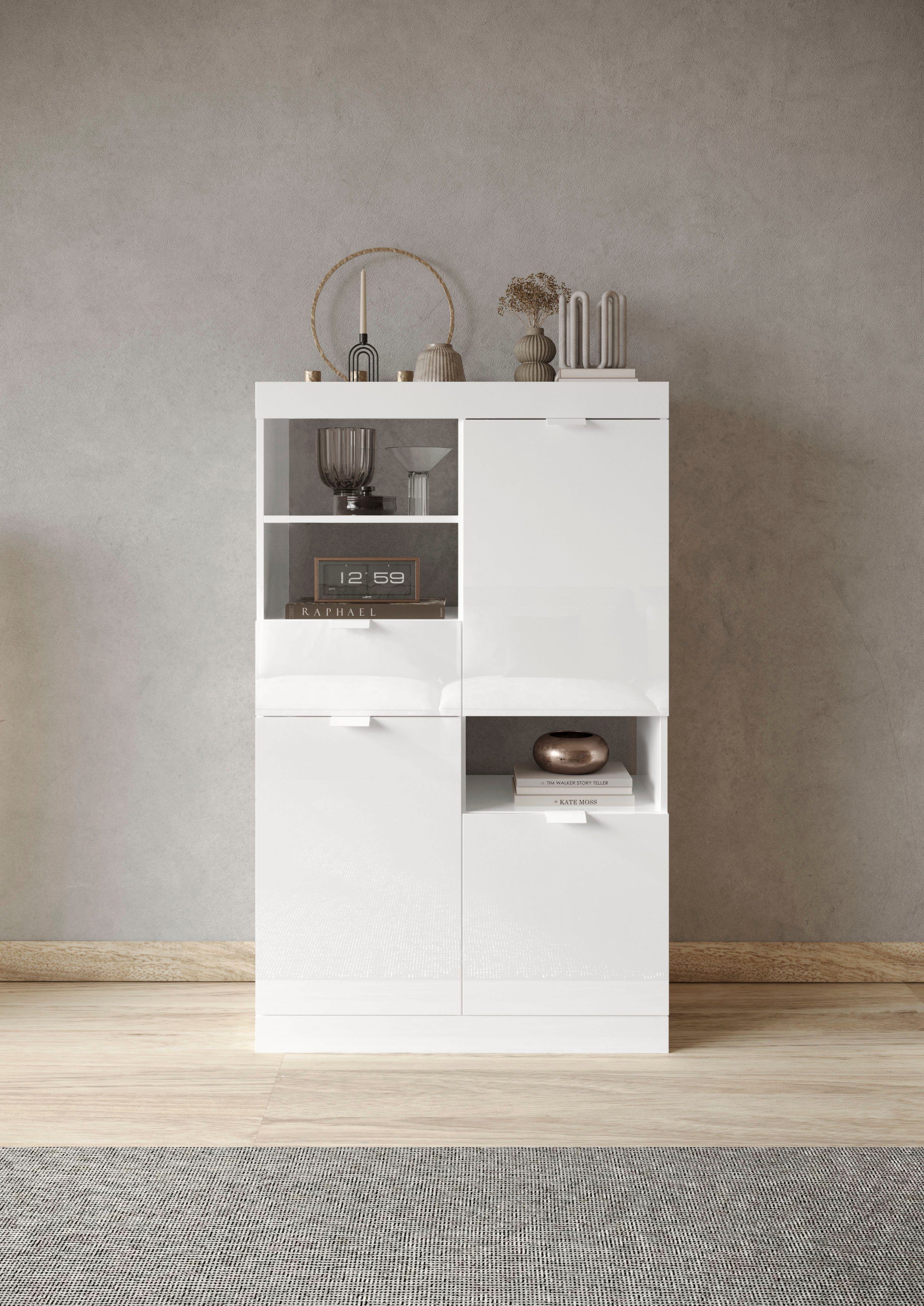 LC Highboard Slim, Breite 91 cm, weiß Hochglanz Lack