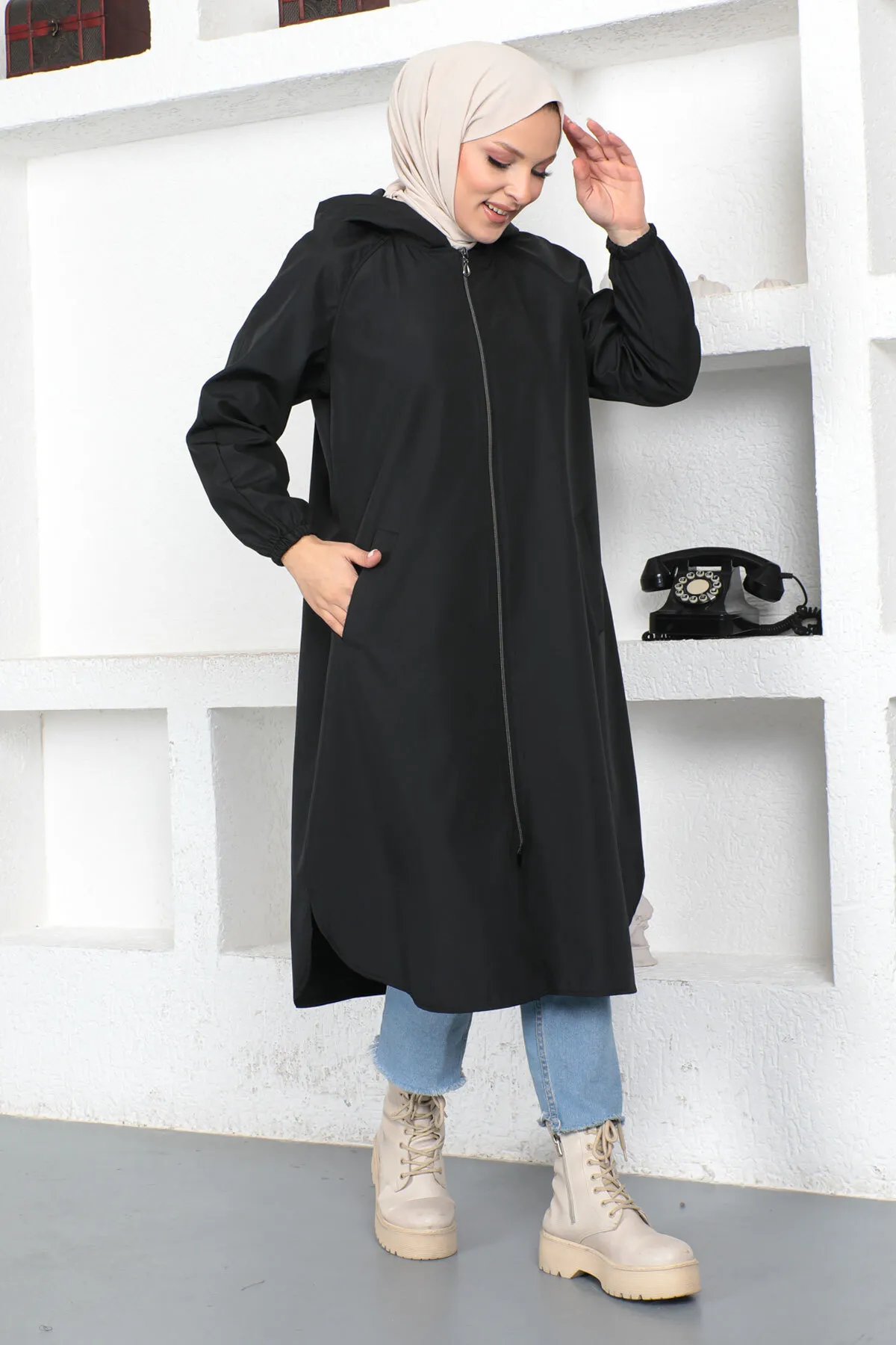 Tesettür Dünyası  Trenchcoat mit Reißverschluss Tsd230403 Schwarz