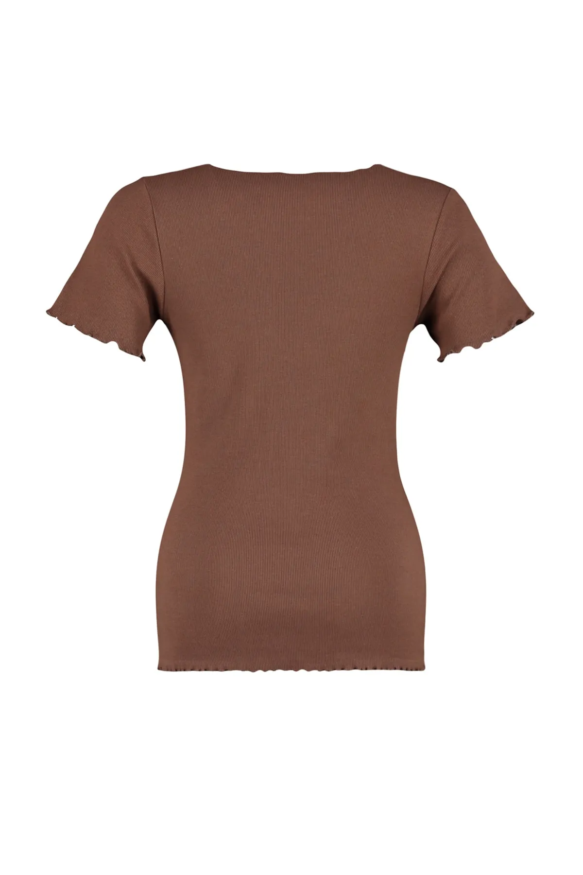 Trendyol Curve  Braunes, schnurgebundenes Strick-T-Shirt mit U-Ausschnitt TBBSS23BF00010