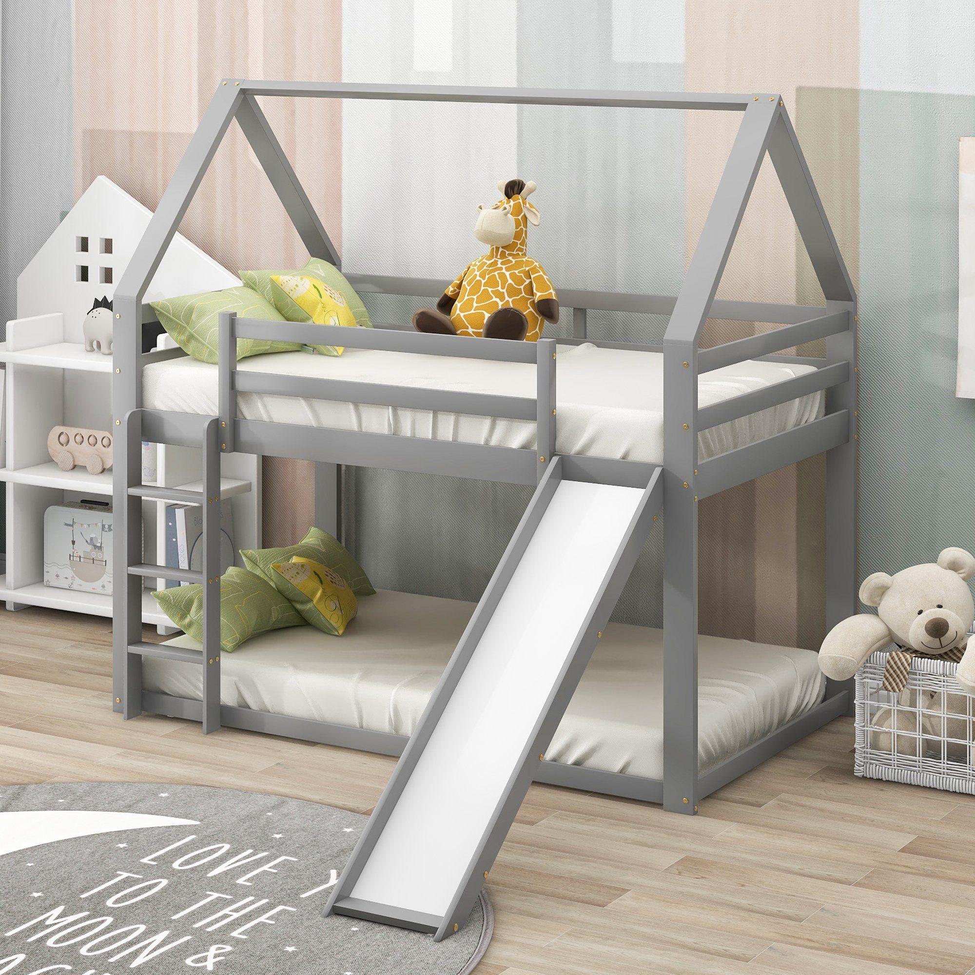 WISHDOR Kinderbett Kinderbett Hausbett Etagenbett Bett (mit Rutsche und Leiter, 90x200cm), Ohne Matratze