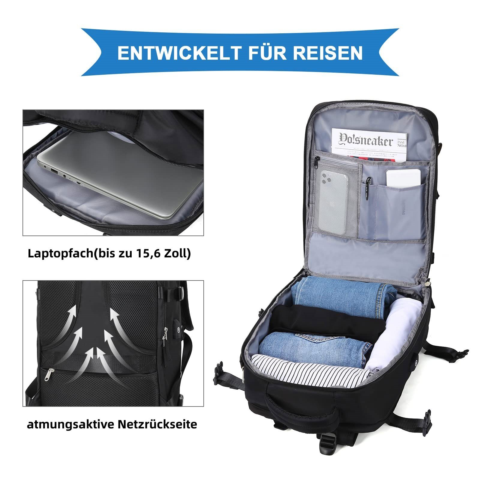 REDOM Reiserucksack Freizeitrucksack Sportrucksack Reisen Rucksack Sporttasche Rucksäcke (Notebook Laptop Tasche Schule Uni Rucksack Handgepäck, Reisenrucksack, mit Schuhfach und Nasstasche, mit USB-Ladeanschluss), Schulrucksack Schultasche Weekender