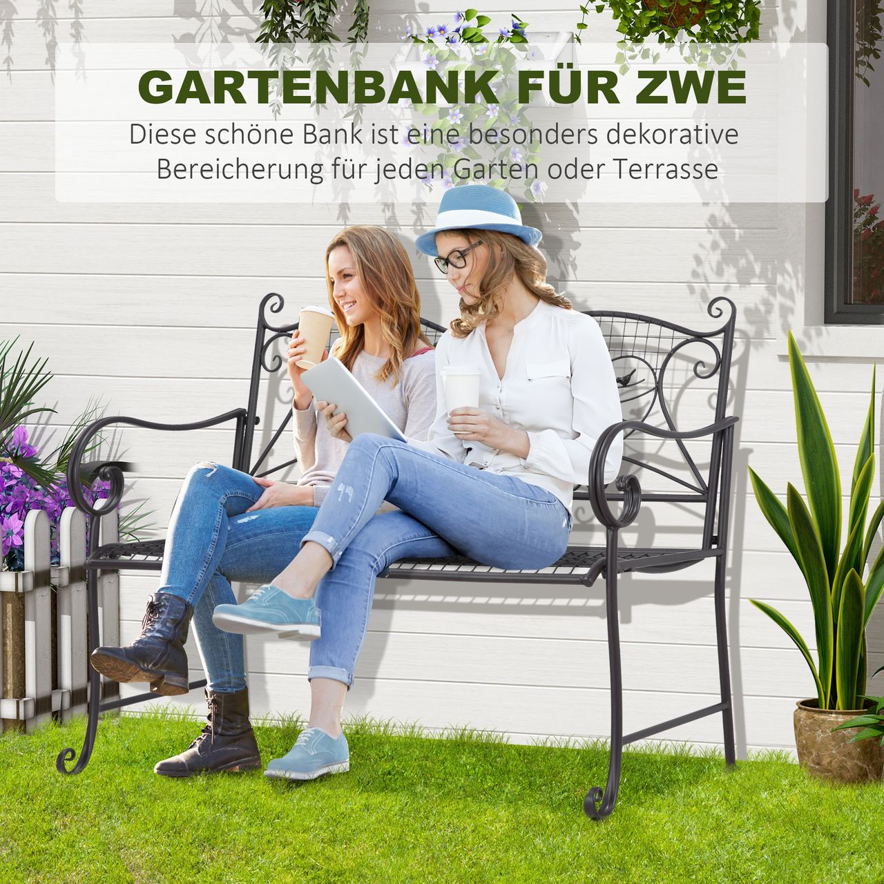 Outsunny Gartenbank 2-Sitzer Parkbank Sitzbank mit Rückenlehne bis 220 kg Gartenmöbel wetterfest Antik Metall Kaffee 114 x 53,3 x 91 cm