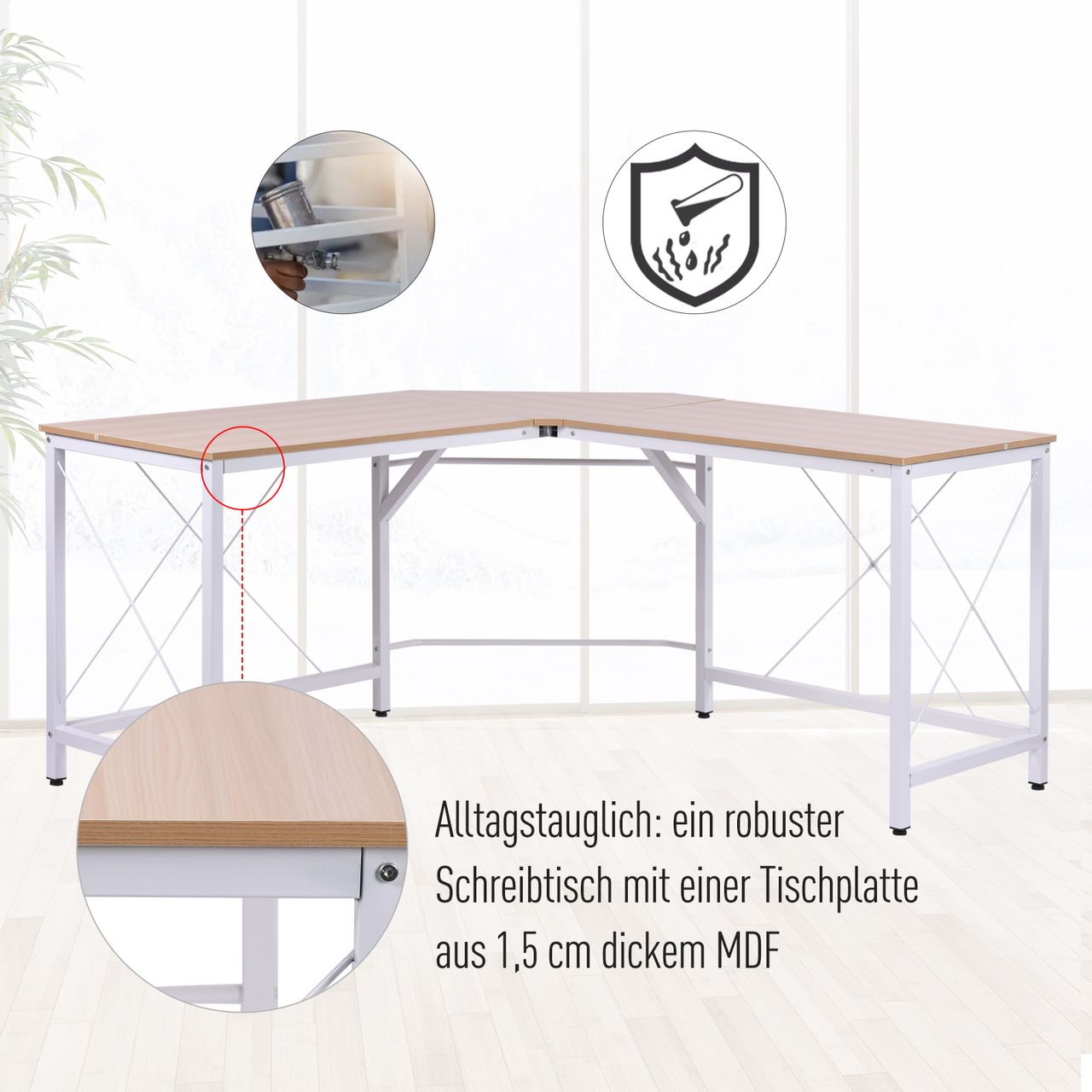 HOMCOM Computertisch L-Form Eckschreibtisch Winkelschreibtisch MDF Natur 150 x 150 x 76 cm