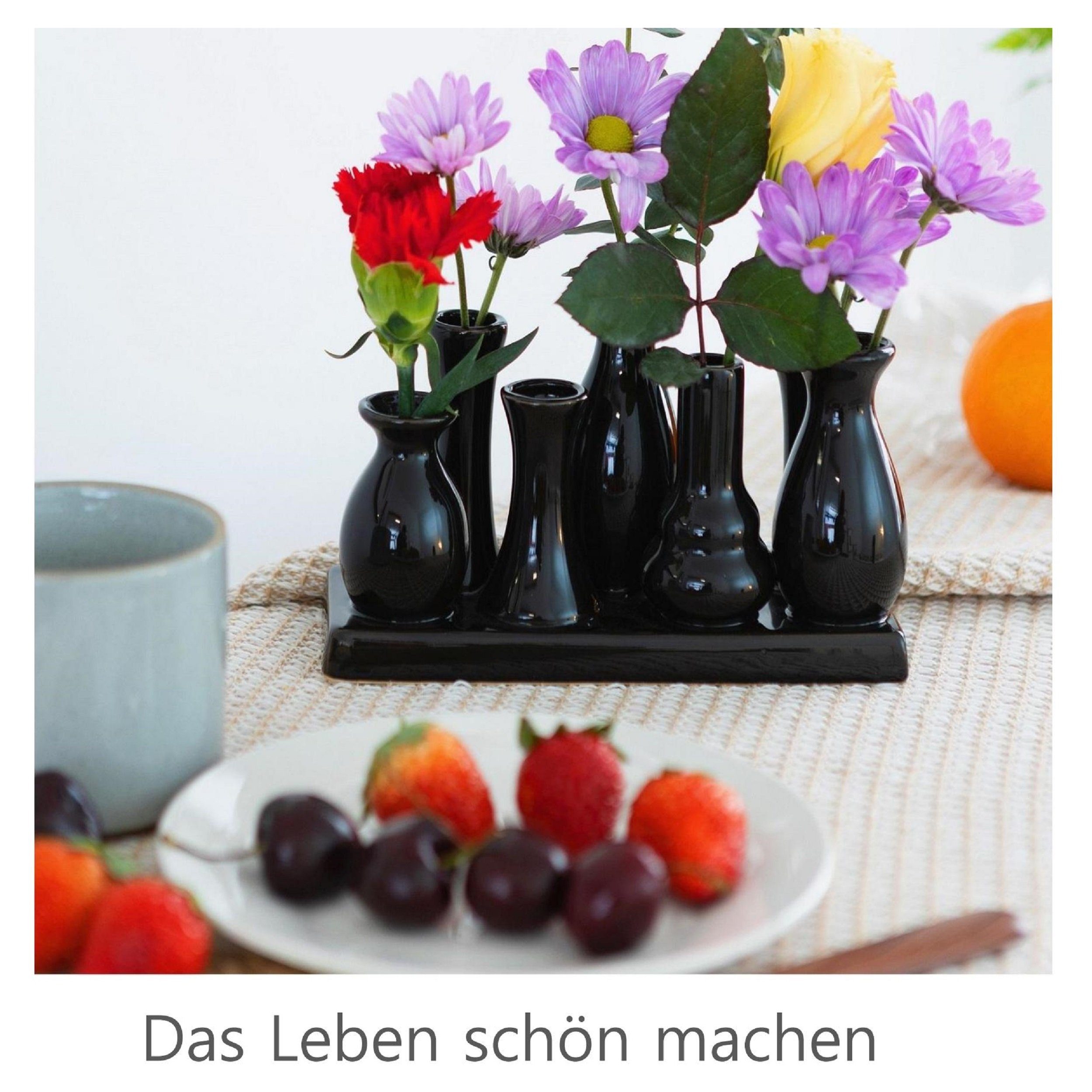 Jinfa Dekovase Handgefertigte kleine Keramik Deko Blumenvasen (7 Vasen Set schwarz), verbunden auf auf einem Tablett