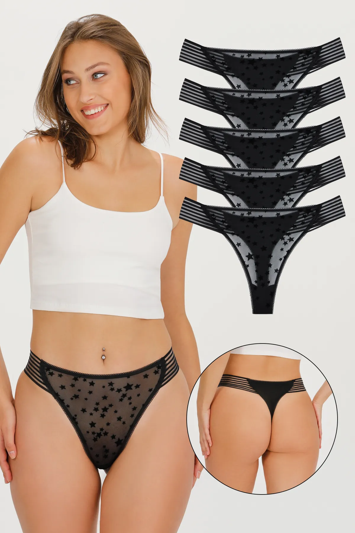 Sensu  Damen-Tangas mit detaillierten Tülldetails im 5er-Pack – KTS4010TÜL-5