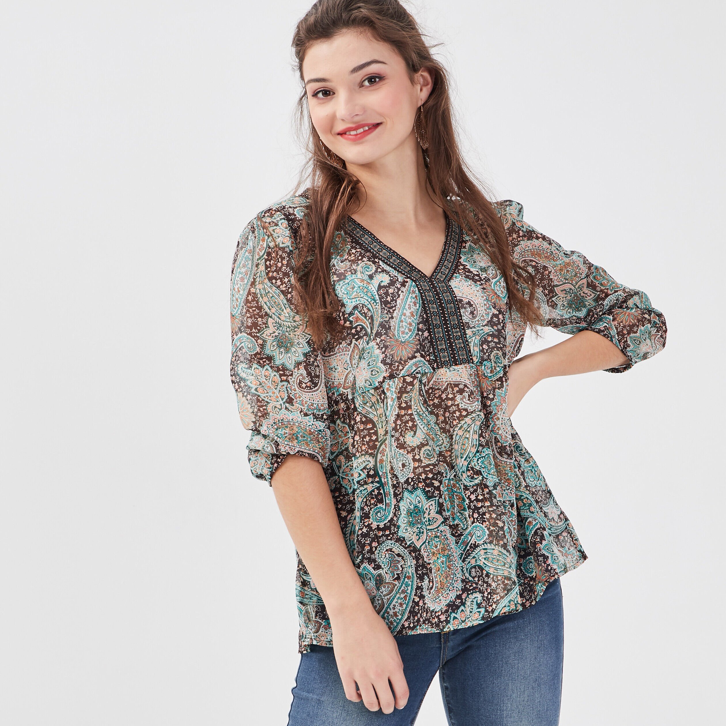 Blouse manches 3/4 marron foncé femme | Cache Cache