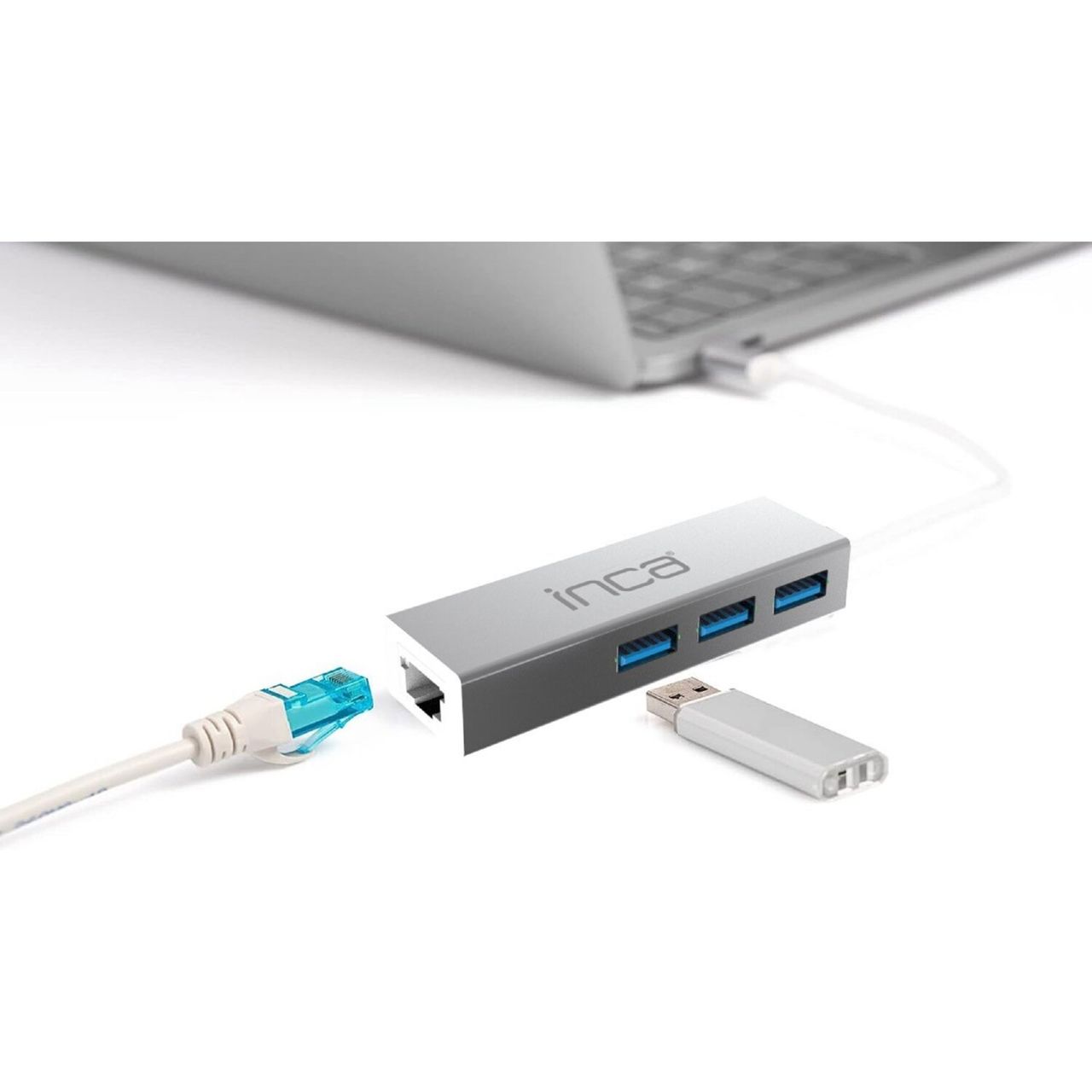 Inca USB-Hub X4 USB 3.0   Ethernet RJ45 USB-Multiport USB-Adapter Silber