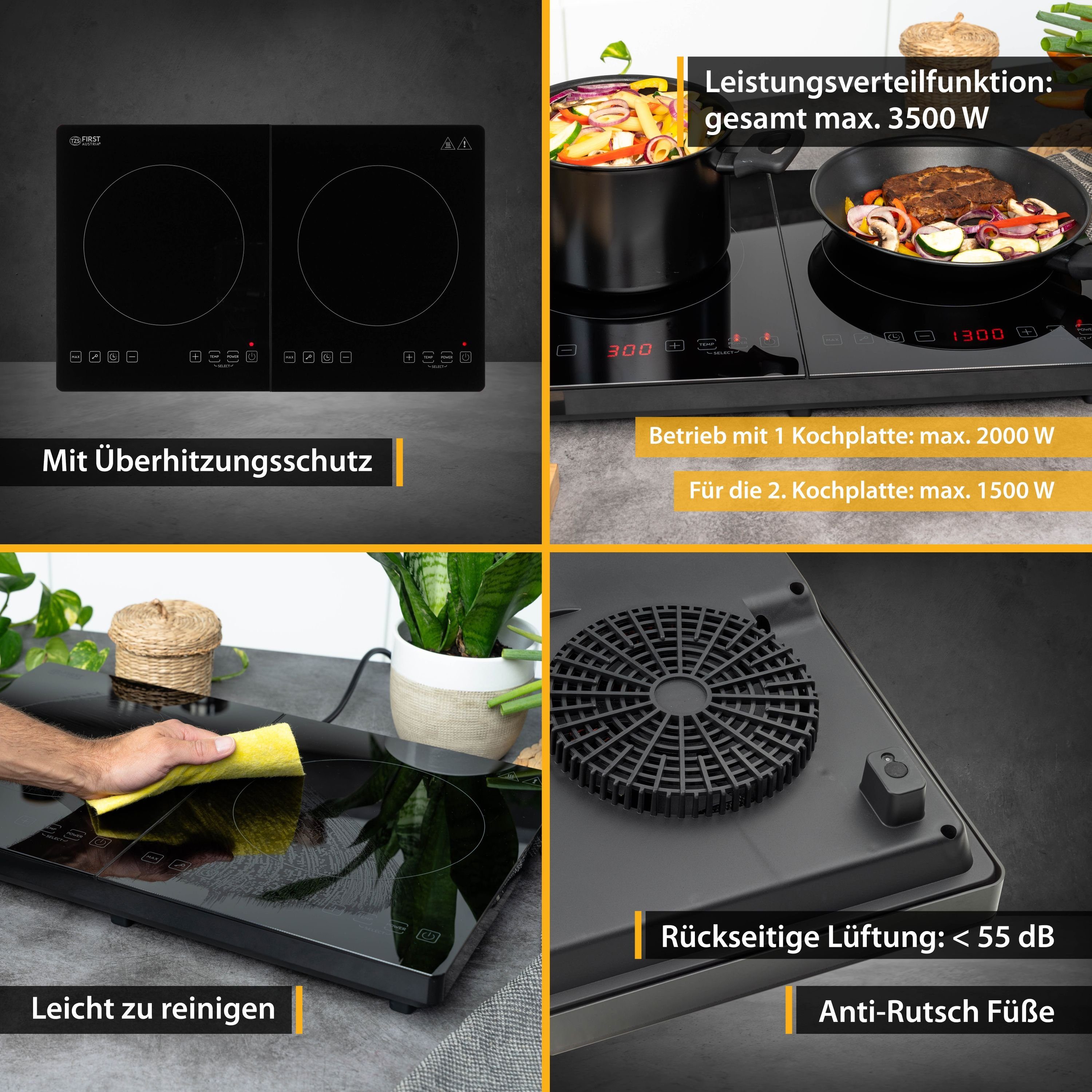 TZS FIRST AUSTRIA Doppelkochplatte Induktion Kochplatte, 3500W, Keramik, Temperaturregelung, Temperaturregelung, Glaskeramik, Doppelkochplatte